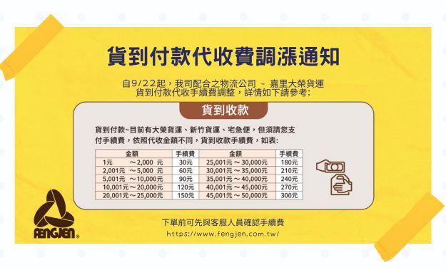 貨到付款代收費調漲通知